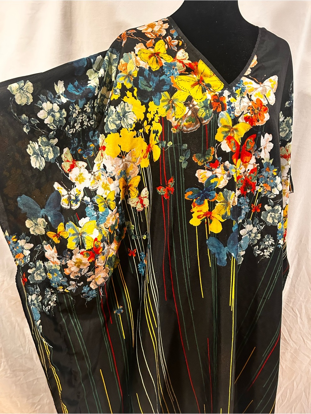 Winlar Black Floral Butterfly Caftan - Vibrant Yellow & Blue Print